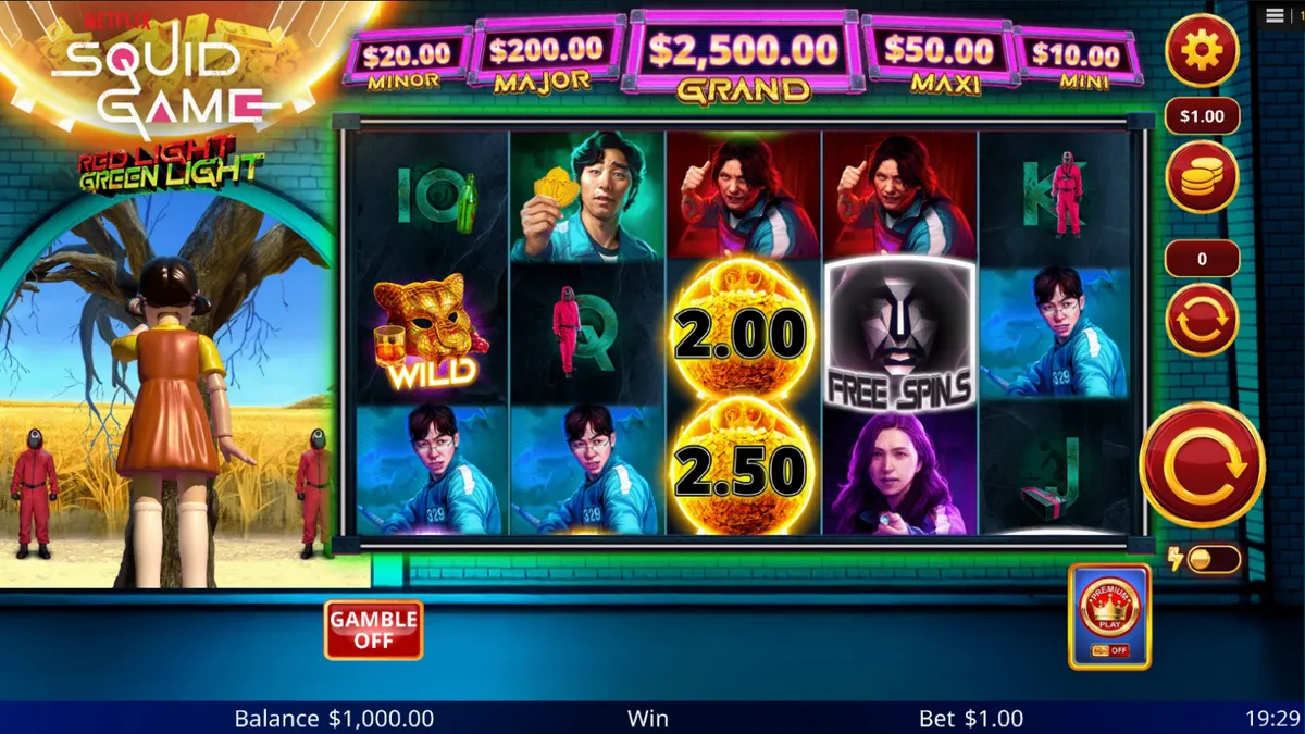 Tampilan visual slot Squid Game: Red Light, Green Light dengan elemen ikonik dari serialnya.